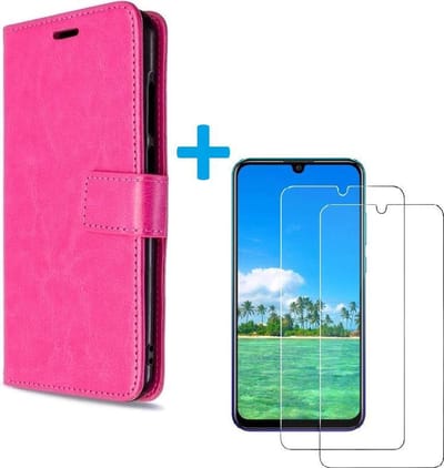 Bookcase Geschikt voor: Huawei P Smart 2020 - Roze - portemonnee hoesje met 2 stuks Glas Screen protector