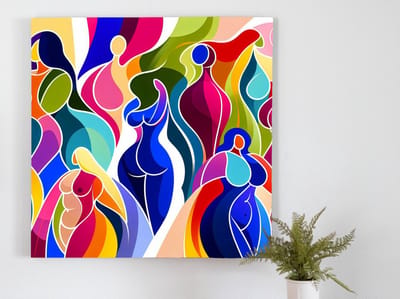 Abstract dikke dames schilderij | Volslanke vreugde: Een abstracte viering van vrouwelijke schoonheid | Kunst - 40x40 centimeter op Dibond | Foto op Dibond
