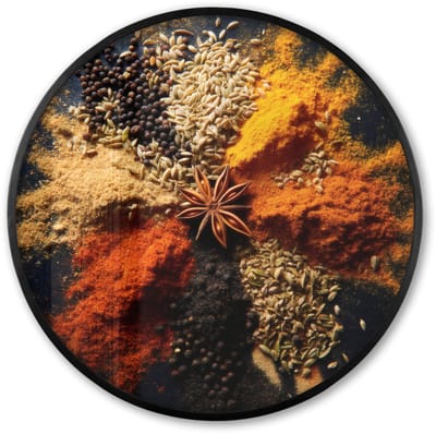 Poster in lijst Rond - Fotolijst 60x60 cm - Posters - Specerijen - Explosie - Oranje - Ronde posterlijst zwart - Decoratie - Wanddecoratie woonkamer - Muurdecoratie slaapkamer