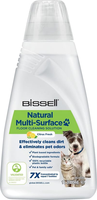 BISSELL Natural Pet Vloerreiniger Vloeistof 1L - Geschikt voor CrossWave & SpinWave - Plantaardig Reinigingsmiddel - Effectief tegen Huisdierongelukjes - Eco Vloerreiniger - Citrusgeur - 3122