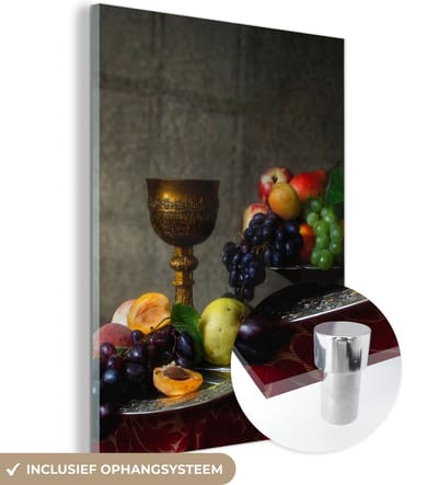 MuchoWow® Glasschilderij 120x160 cm - Schilderij acrylglas - Rustiek - Tafel - Fruit - Stilleven - Beker - Foto op glas - Schilderijen