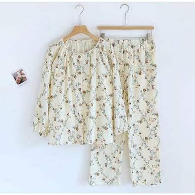 Nieuwe Lente- en Zomer Dames Pyjama Set 100% Katoen Crêpe Ronde Hals Lange Mouw Broek Tweedelige Set Schattig en Fris voor Thuis XL beige
