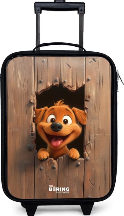 NoBoringSuitcases.com® - Kinderkoffer jongen - Kindertrolley meisje - Vrolijke hond kijkt door kapot houten hek - Koffer kind lichtgewicht - Reiskoffer trolley voor kinderen - Koffertje met lichtgevende wieltjes - Rolkoffer zwart