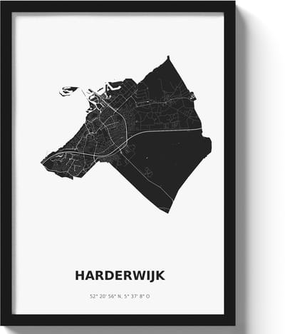 Poster Harderwijk A4 - 21 x 30 cm - Zwart/Wit Inclusief lijst (Zwart MDF)