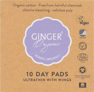 Ginger Organic Maandverband met Vleugels - Dag - Huidvriendelijk - Absorberend - GOTS-gecertificeerd