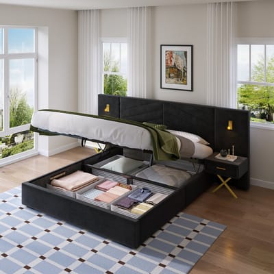 HAUSS SPOLE Bedframe Met Opbergruimte - Liftfunctie Met Gevoerde Hoofdsteun En 2 Nachtkastjes - Hout En Metaal - Zwart