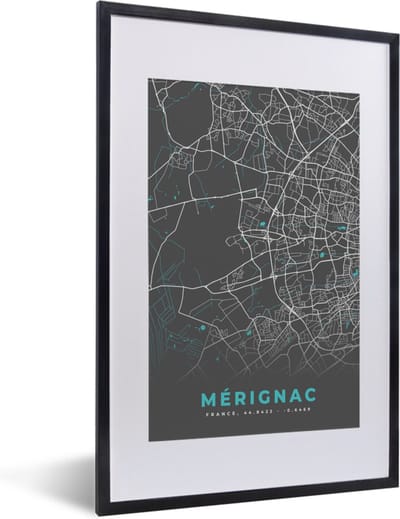 Fotolijst incl. Poster - Mérignac – Plattegrond – Frankrijk – Kaart – Stadskaart - 40x60 cm - Posterlijst