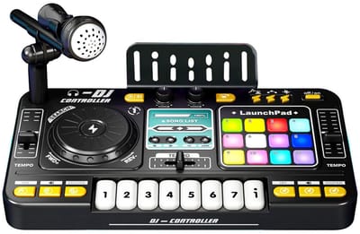 Bluetooth DJ-mixer voor kinderen van 3-10 jaar DJ-controller & mixer met microfoon Muziekinstrument met meer dan 100 geluidseffecten Verlichting & werkt op batterijen, cadeau-speelgoed DJ-starterset voor jongens en meisjes van 3-10 jaar - Zwart