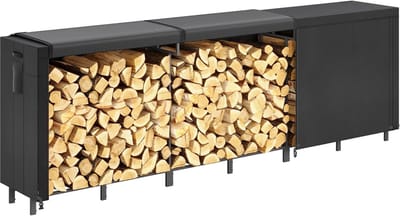 Houten Opbergkist Interieur - Haardhout Opslag - Buiten Opslaan - Waterdicht Deksel Zijvak - 366x122x58.5cm - Zwart