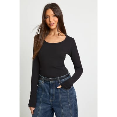 boohoo Dames Geribbelde scoop-hals getailleerde top met lange mouwen | Zwart | Maat: 34