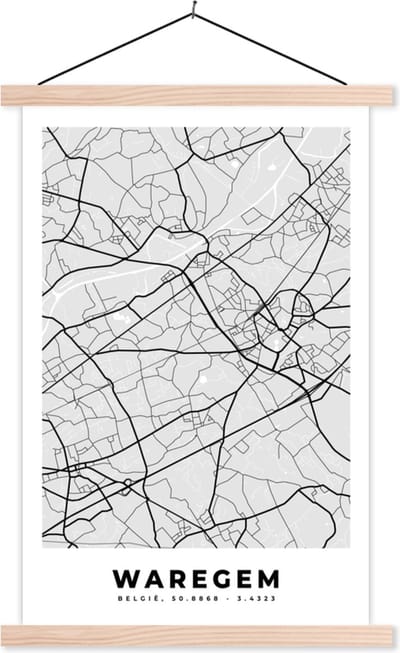 Posterhanger incl. Poster 40x60 cm - Schoolplaat - België – Waregem – Stadskaart – Kaart – Zwart Wit – Plattegrond - Textielposter - Blanke latten - Stadskaart