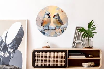 WallCircle - Wandcirkel - Muurcirkel - Vogels - Tak - Winter - Sneeuw - Aluminium - Dibond - 60x60 cm - Binnen en Buiten