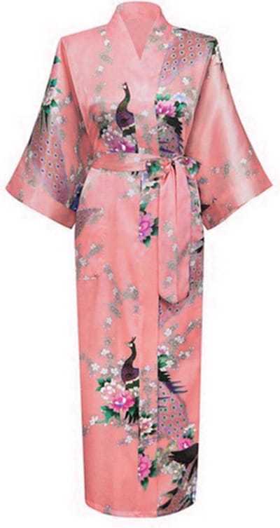KIMU® Kimono Zalm Roze 7/8e - Maat XS-S - Yukata Satijn Boven de Enkel - Lange Lichtroze Ochtendjas Japanse Kamerjas Sexy Satijnen Badjas Geisha 158 Festival