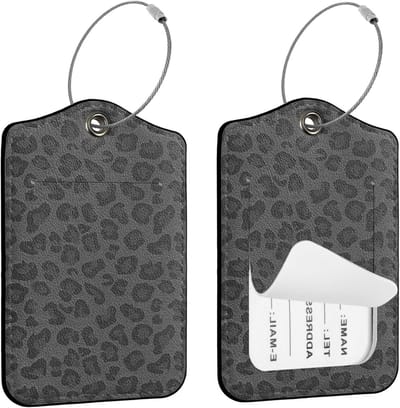 Set van 2 Gepersonaliseerde Luipaard Kofferlabels voor Reiskoffers, Makkelijk te Herkennen PU Leren Bagagelabels, Veiligheidsetiketten met Verborgen Naamkaart voor Reisbenodigdheden