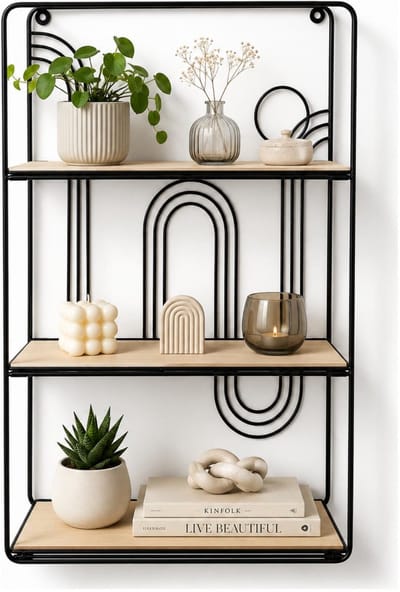 Home & Styling Wandplank / wandrekje Decohome - naturel/zwart - 3 niveaus - 35 x 12 x 55 cm - Foto plank