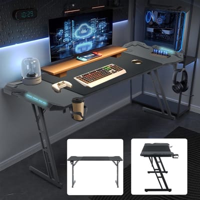 Froadp Gamingtafel 120 x 60 cm LED-gamingbureau Stevige computertafel PC-tafel Zwart met bekerhouder & koolstofvezelcoating 2 kabeldoorvoeren Gamertafel Gaming-bureautafel met LED