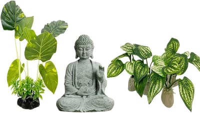 Dailygoods- Aquariumdecoratie Boeddha Set - Kunststof Planten - Ornamenten - Accessoires - Betta Vis Tank - Hoogte 20 cm, 6 cm, 7x10 cm - Aquariumornamenten