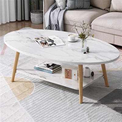 Ovale salontafel - Eettafel bijzettafel - Woonkamer opruimen - Twee opbergniveaus - 120 x 60 cm - Wit