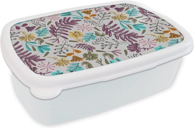 Broodtrommel Wit - Lunchbox - Brooddoos - Bloemen - Bladeren - Patroon - 18x12x6 cm - Volwassenen
