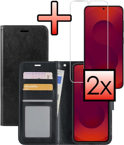 Hoesje - Met 2x Screenprotector - Geschikt voor Samsung Galaxy S25 Edge - Luxe Pasjeshouder - Bookcase Portemonee - Flip Case - Kunstleer Book Case - Flipcase Hoes - Book Cover - Walletcase - Portemonneehoes - Zwart