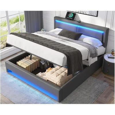ModernLuxe 160x200 cm kunstleer opbergbed met LED - met oplaadpoorten (bedraad en draadloos) - Grijs