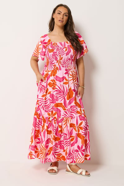 Yours Roze Palmblad Maxijurk Met Smokwerk Size 42
