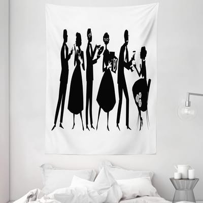 ABAKUHAUS Cocktailparty Tapijt, Jaren 50 Feest, Woonkamer Slaapkamer Wanddoek Zijdezacht Satijn Wandtapijt, 150 x 200 cm, Zwart en Wit