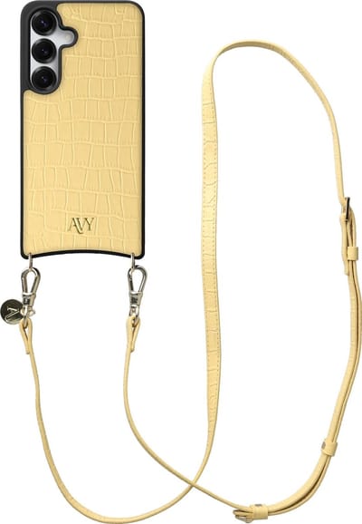 AVY Leren Hoesje Geschikt voor Samsung Galaxy S25 / S24 | Compatibel met MagSafe | Leather Case met Telefoonkoord | Crossbody | Croco Geel | Long Leather