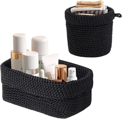 Set van 2 Gevlochten Opbergmanden voor Organisatie - Stapelbare Mandjes voor Badkamer, Woonkamer en Keuken - Decoratieve Mand voor Slaapkamer in Zwart