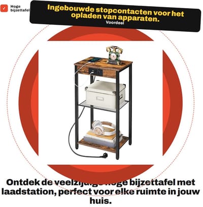 Dailygoods - Hoge bijzettafel - Telefoontafel met laadstation - Compact formaat - Vintage bruin - Perfect voor slaapkamer en hal - 3-traps design