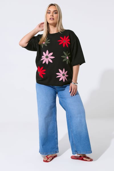 Limited Collection Zwarte Gebreide Boxy Top Met Bloemen Size 40-42