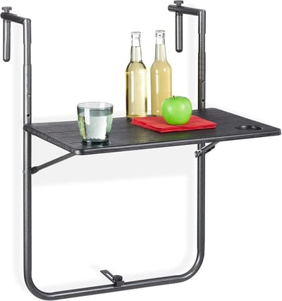 Famanu – Balkontafel - inklapbaar - hangend - verstelbaar op 3 hoogtes - tafelblad met houtlook - BxD: 59 -5 x 36 cm - zwart