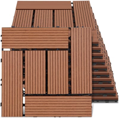 WPC-terrastegels, 30x30 cm, 77-delige set voor 7m², bruine houtlook, voor tuin- en balkonvloeren met drainage en kliksysteem.