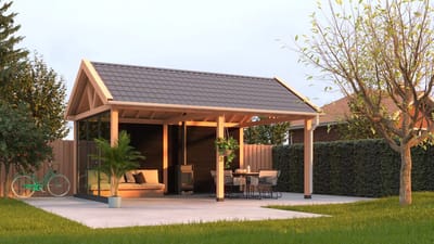 Douglas overkapping zadeldak, 750 x 400, met schuur en achterwand, Westwood Ruiter Premium