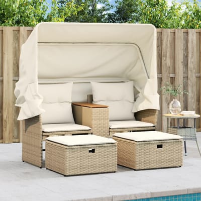 vidaXL - Tuinbank - 2-zits - met - luifel - en - voetenbanken - poly - rattan - beige
