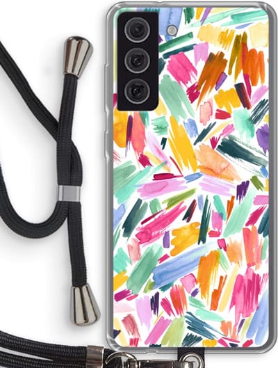 Hoesje met koord geschikt voor Samsung Galaxy S21 FE hoesje met Koord - Watercolor Brushstrokes - Telefoonhoesje met Zwart Koord - Bescherming aan alle Kanten en Over de Schermrand