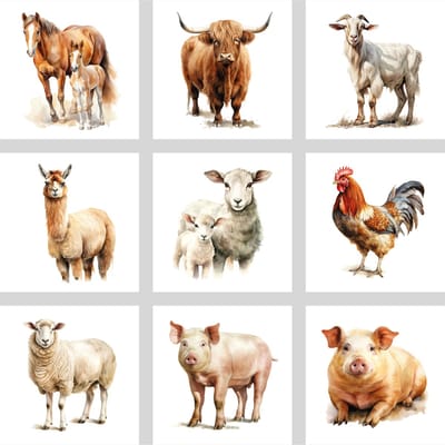 Set van 9 stickers 15 x 15cm boerderijdieren TRANSPARANT 2 - badkamer, keuken en toilet - zelfklevend - peel and stick - decoratiestickers - plakfolie stickers - backsplash
