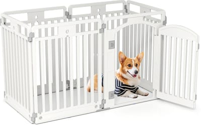 COSTWAY Puppyren opvouwbaar, puppyren met 6 panelen, afsluitbare deur en vloernagels, 80 cm hoog, hondenren voor binnen en buiten, voor binnen en buiten, loopstal voor honden, van kunststof, wit (6