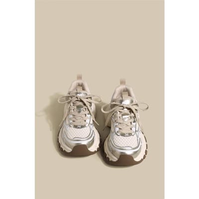 Zilveren Authentiek Leer Chunky Sneakers Dames Nieuw Lente en Herfst Hong Kong Stijl Zware Industrie Dikke Zool Elevator Wild Vrije Tijd Sneaker 40 champagne