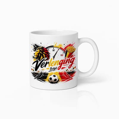 België Verlenging Voetbal Mok – Belgische Leeuw Stopwatch Bal Friet Design – Witte Koffiemok 330 ml – België Supporter Cadeau Beker