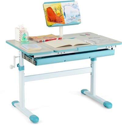 COSTWAY Kinderbureau, in hoogte verstelbaar, leerlingbureau met kantelbaar tafelblad, boekenstandaard, lade en meetliniaal, ergonomisch jeugdbureau voor kinderen van 3 tot 12 jaar,blauw