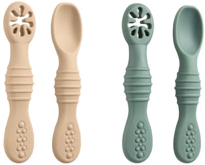 2-Delig - Siliconen Baby Lepels - Lepelset Peuterbestek – Kinderbestek - Lepeltjes - Groen & Beige - Zachte Eerste Lepels - BPA-Vrij - Ergonomische Grip - Anti-Verslik Ontwerp