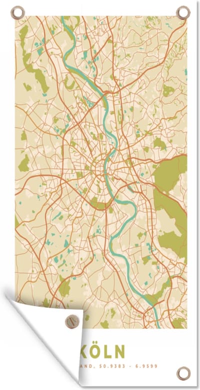 Schuttingposter Köln - Plattegrond - Kaart - Stadskaart - Vintage - 100x200 cm - Tuindoek