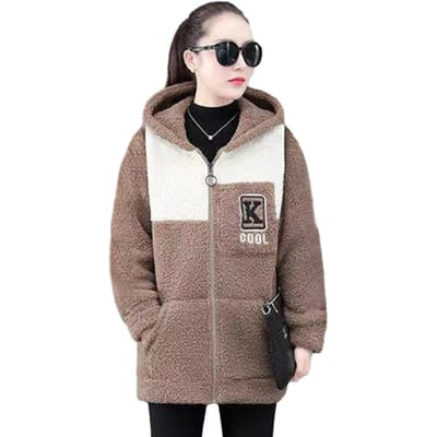 Damesjas Colorblock Fleece Capuchonjas met Ritssluiting Zakken voor Dames Warme Winter Cardigan Jas Middellange Losse XL