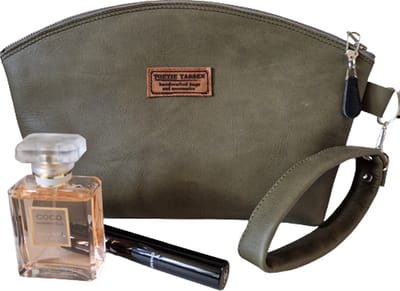 Toetie & Zo - Handgemaakte Toilettas Leer Groen - Khaki - Clutch - Make-uptas - Met Handvat - Leder