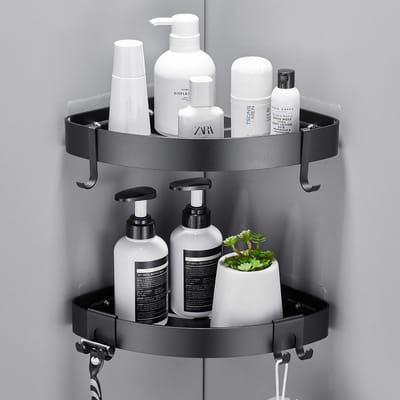 Unyqoos ® Stijlvolle Zwarte Hoek Doucheplank Set zonder Boren voor Badkamer en Keuken, 2 Stuks