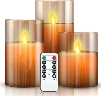 Famanu - Vlamloze led-kaarsen in glas met afstandsbediening, dimbare led-kaarsenset op batterijen, flikkerende outdoor led-decoratie, kaarsen, dansende vlam, echte was, woonkamerdecoratie, 3 stuks