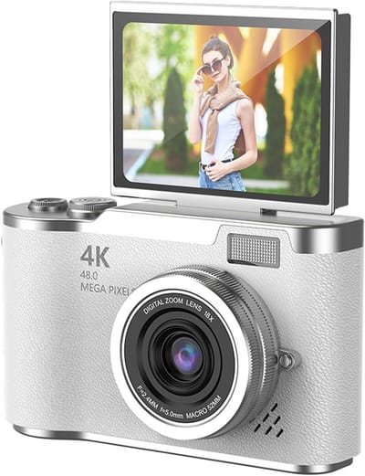 Digitale camera - 4K Digitale Camera 48MP met Flip Screen – Selfiecamera met 8x Zoom + 32GB Geheugenkaart - met 2,4 inch HD-kantelscherm, ingebouwd LED-invullicht - Vlogcamera - digitale camera kinderen - voor tieners en studenten (Wit)