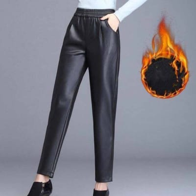 Pantalon en cuir PU taille haute épais en velours pour femme, ample, jambes larges, sarouel à neuf Points S noir