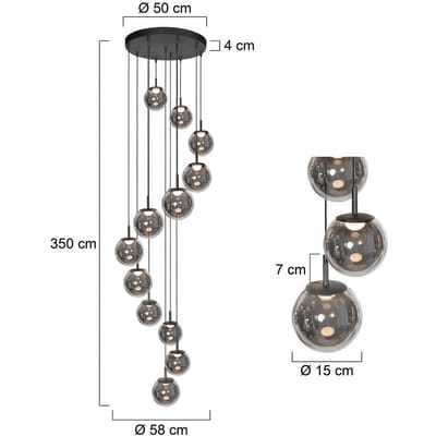 Zwarte Hanglamp Bollique 4195ZW - Hoogwaardige kunststof en metaal, Ø 60 cm, 12 lichtpunten, hoogte instelbaar, Steinhauer, Eigentijds design voor binnen
